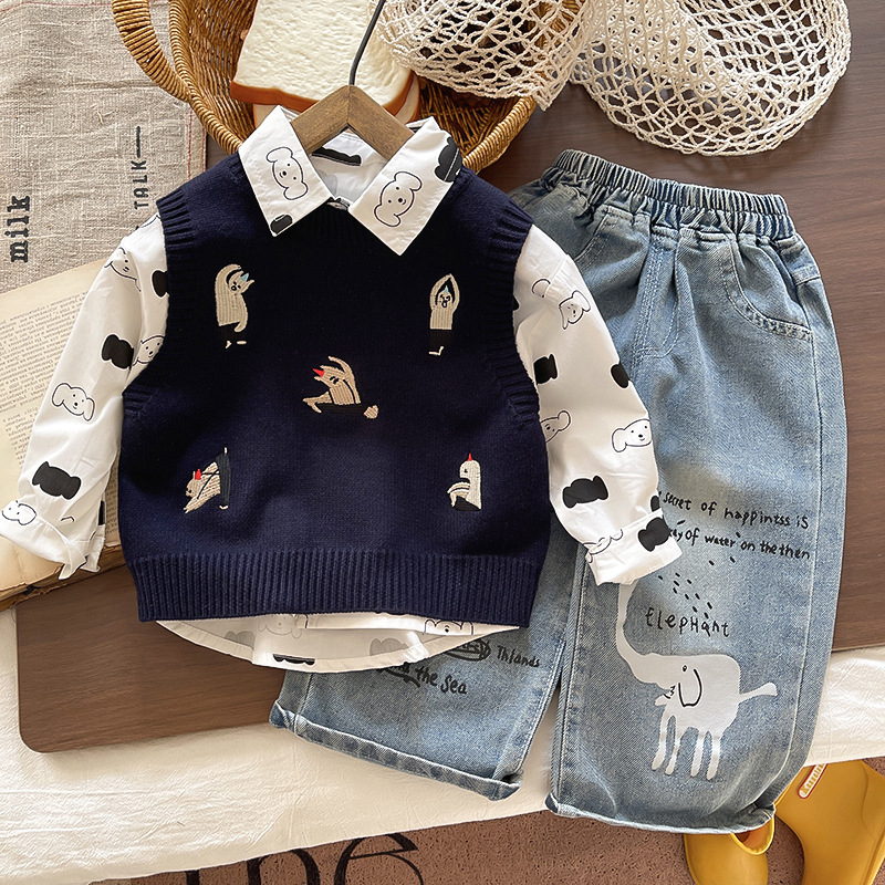Két darabos gyerekruha készlet: pamut felső rajzfilm mintával és farmernadrág, hosszú ujjú, lazább stílus, 95% pamut, ősz-tavasz
