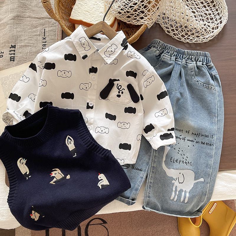 Két darabos gyerekruha készlet: pamut felső rajzfilm mintával és farmernadrág, hosszú ujjú, lazább stílus, 95% pamut, ősz-tavasz