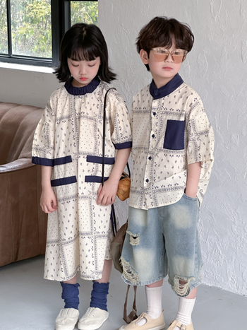 KUMAI.KIDS Unisex gyerekeknek nyári pamuting, koreai stílusú rácsos minta, kerek nyak, rövid ujjú, 3–8 éveseknek