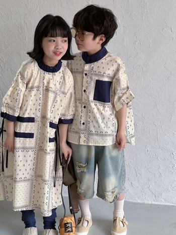 KUMAI.KIDS Unisex gyerekeknek nyári pamuting, koreai stílusú rácsos minta, kerek nyak, rövid ujjú, 3–8 éveseknek