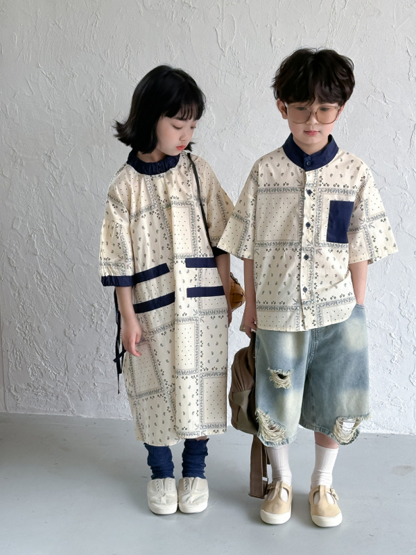 KUMAI.KIDS Unisex gyerekeknek nyári pamuting, koreai stílusú rácsos minta, kerek nyak, rövid ujjú, 3–8 éveseknek