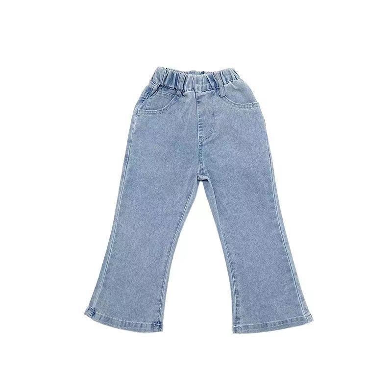 Őszi két részes gyerekeknek szóló szett lányoknak: virágos felső puffos ujjakkal és denim trombita nadrág; pamut-keverék; hosszú ujjak