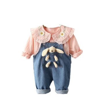 Koreai stílusú, két részes gyerek szett 1–3 éveseknek: hosszú ujjú ing babagallérral és denim vállpántos nadrág