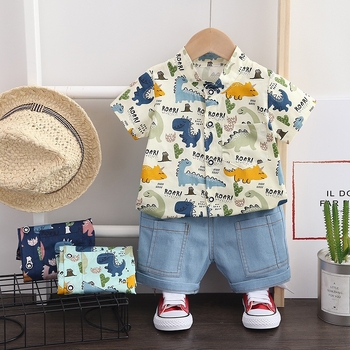 Dječji ljetni dvodijelni set: majica kratkih rukava od pamuka i denim šorcevi, cartoon uzorak, za dječake 1–3 godine