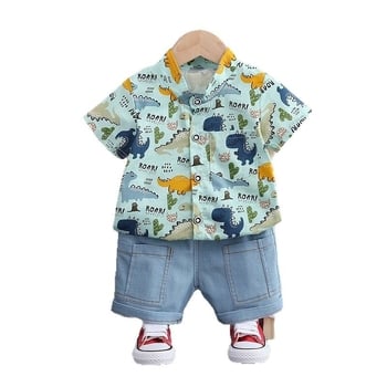 Dječji ljetni dvodijelni set: majica kratkih rukava od pamuka i denim šorcevi, cartoon uzorak, za dječake 1–3 godine