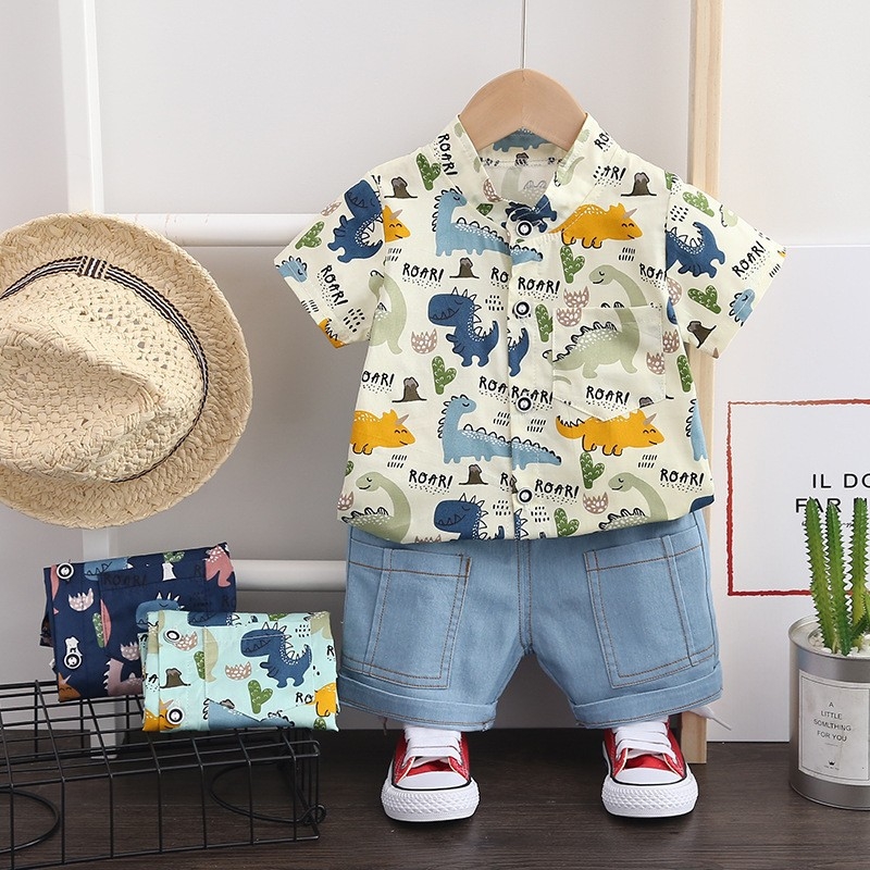 Dječji ljetni dvodijelni set: majica kratkih rukava od pamuka i denim šorcevi, cartoon uzorak, za dječake 1–3 godine