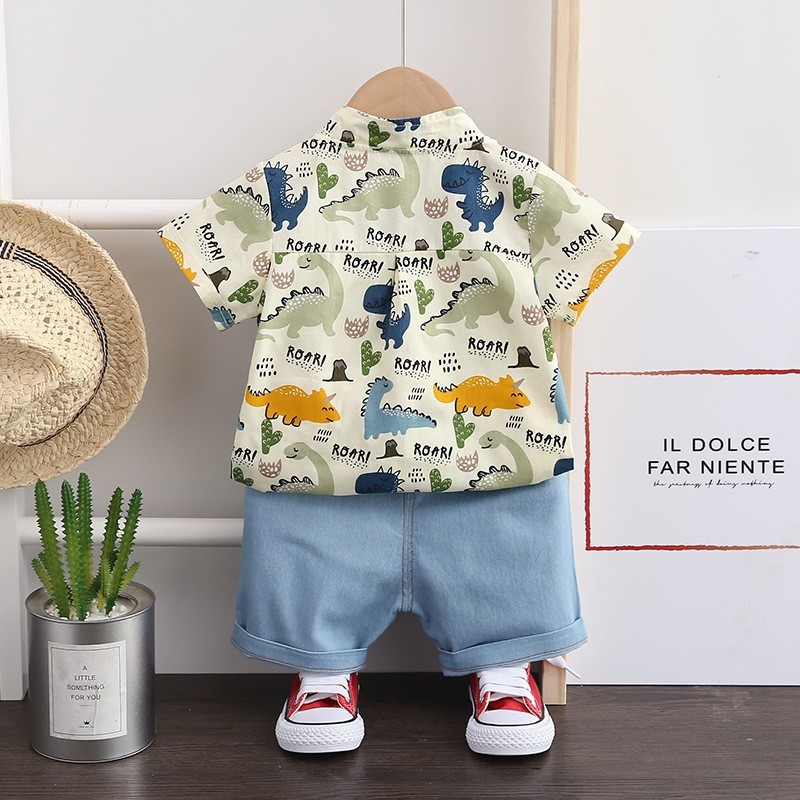Dječji ljetni dvodijelni set: majica kratkih rukava od pamuka i denim šorcevi, cartoon uzorak, za dječake 1–3 godine