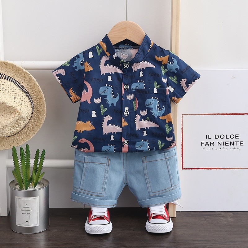 Dječji ljetni dvodijelni set: majica kratkih rukava od pamuka i denim šorcevi, cartoon uzorak, za dječake 1–3 godine