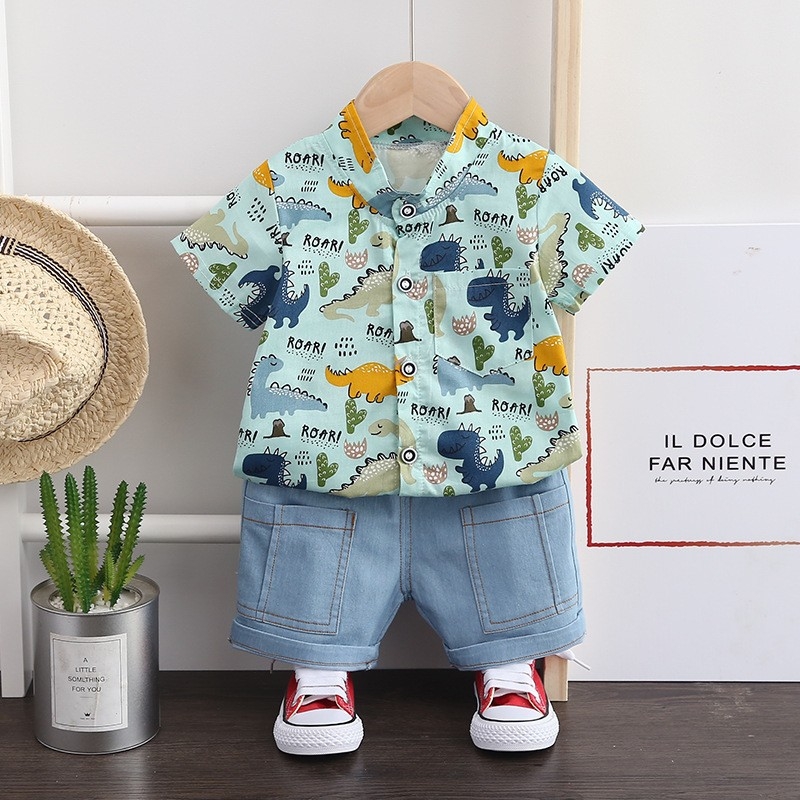 Dječji ljetni dvodijelni set: majica kratkih rukava od pamuka i denim šorcevi, cartoon uzorak, za dječake 1–3 godine