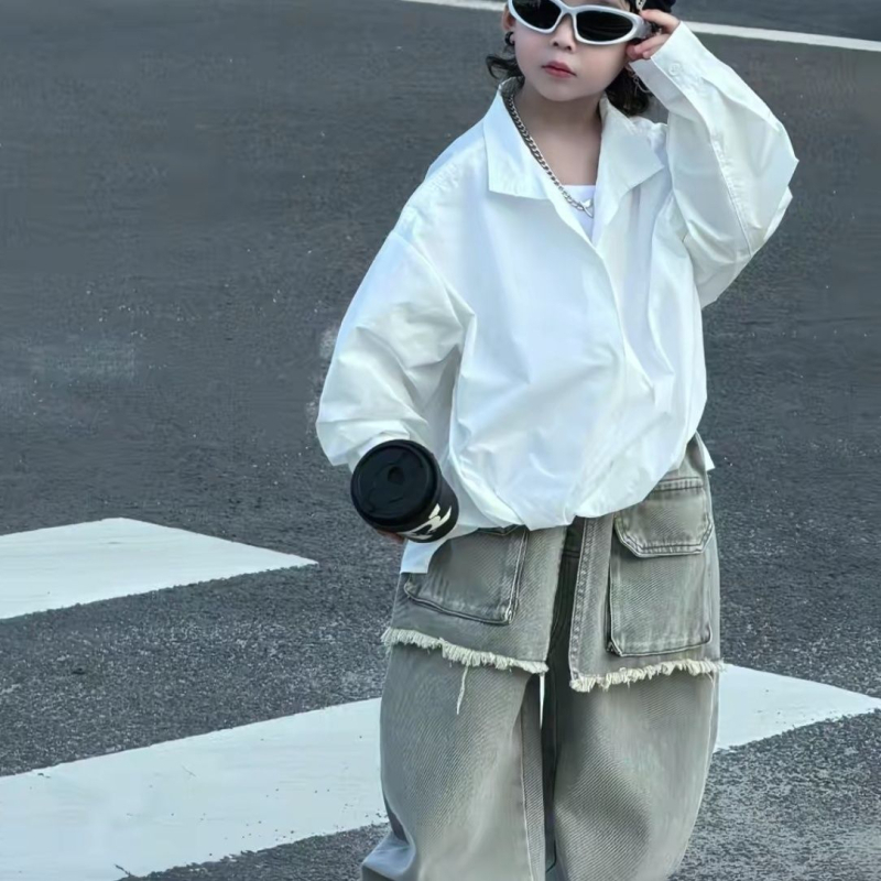 Dječji dvodjelni kostim za dječake, korejski stil, košulja s ovratnikom i jakna, retro farmerice, corduroy materijal, 70–80% zeko krzna, proljeće 2025