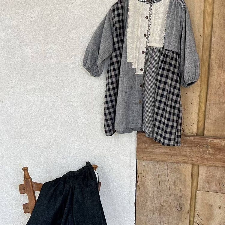 Dječji dvodijelni set: košulja s čipkom i kariranim uzorkom, udoban stil, široke hlače, dugi rukavi, mekani pamuk
