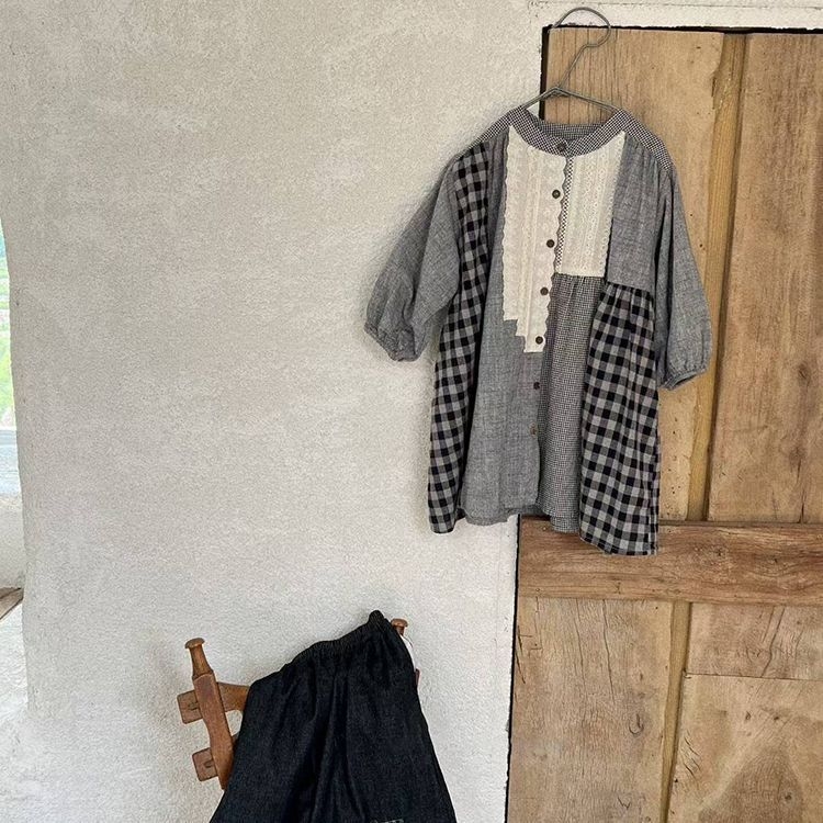 Dječji dvodijelni set: košulja s čipkom i kariranim uzorkom, udoban stil, široke hlače, dugi rukavi, mekani pamuk