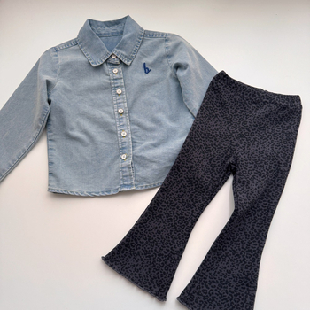 Dječji set: denim košulja i hlače s leopard uzorkom, 100% pamuk, za uzrast 1–3 godine, proljeće 2024