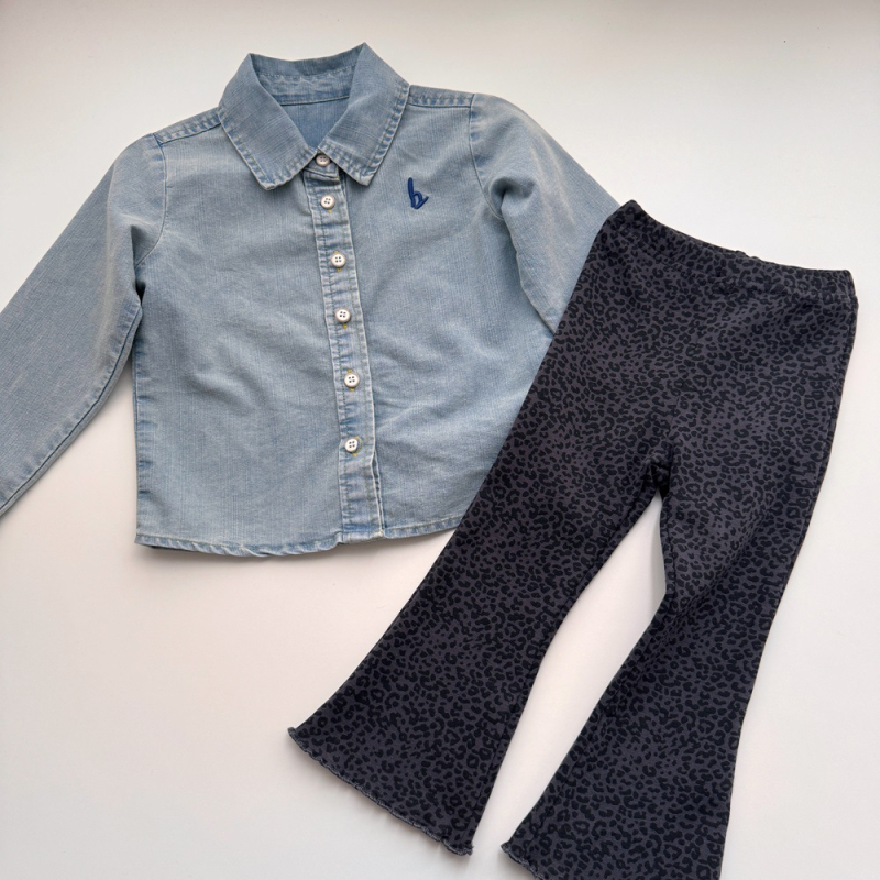 Dječji set: denim košulja i hlače s leopard uzorkom, 100% pamuk, za uzrast 1–3 godine, proljeće 2024