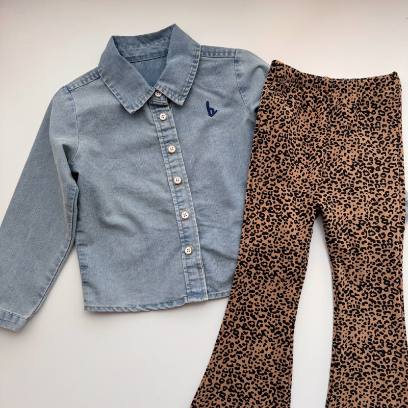 Dječji set: denim košulja i hlače s leopard uzorkom, 100% pamuk, za uzrast 1–3 godine, proljeće 2024