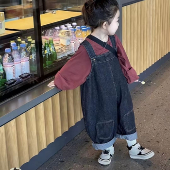 Vaikų džinsiniai kombinezonai – Korėjos stiliaus, aukštas juosmuo, pavasaris–ruduo, amžius 3–8 metai