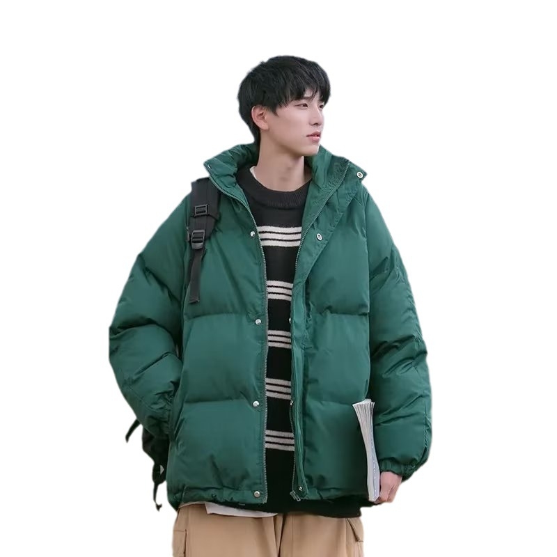 Férfi vastag poliészter tömött kabát álló gallérral, zipzárral, oldalsó zsebekkel, hétköznapi téli külső ruházat