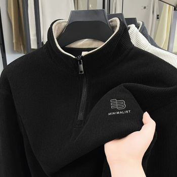 Pulover bărbătesc cu guler înalt și fermoar parțial, tricot jacquard, căptușeală interioară din lână, croi larg