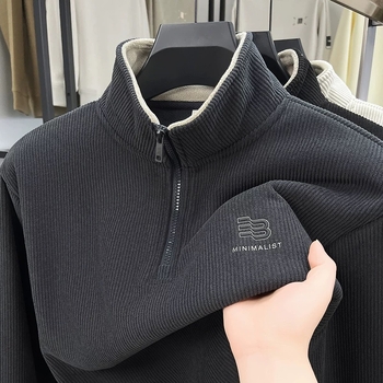 Pulover bărbătesc cu guler înalt și fermoar parțial, tricot jacquard, căptușeală interioară din lână, croi larg