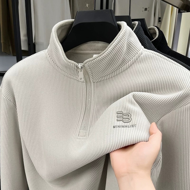 Pulover bărbătesc cu guler înalt și fermoar parțial, tricot jacquard, căptușeală interioară din lână, croi larg