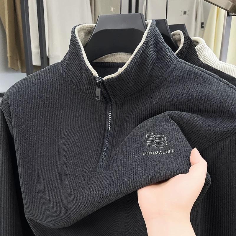 Pulover bărbătesc cu guler înalt și fermoar parțial, tricot jacquard, căptușeală interioară din lână, croi larg