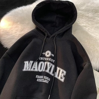 Korejiško stiliaus megztinis su gobtuvu, Raglan rankovėmis, laisvas kirpimas, raidžių spauda, kengūros kišenė