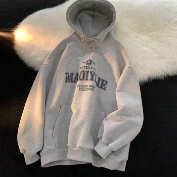 Korejiško stiliaus megztinis su gobtuvu, Raglan rankovėmis, laisvas kirpimas, raidžių spauda, kengūros kišenė