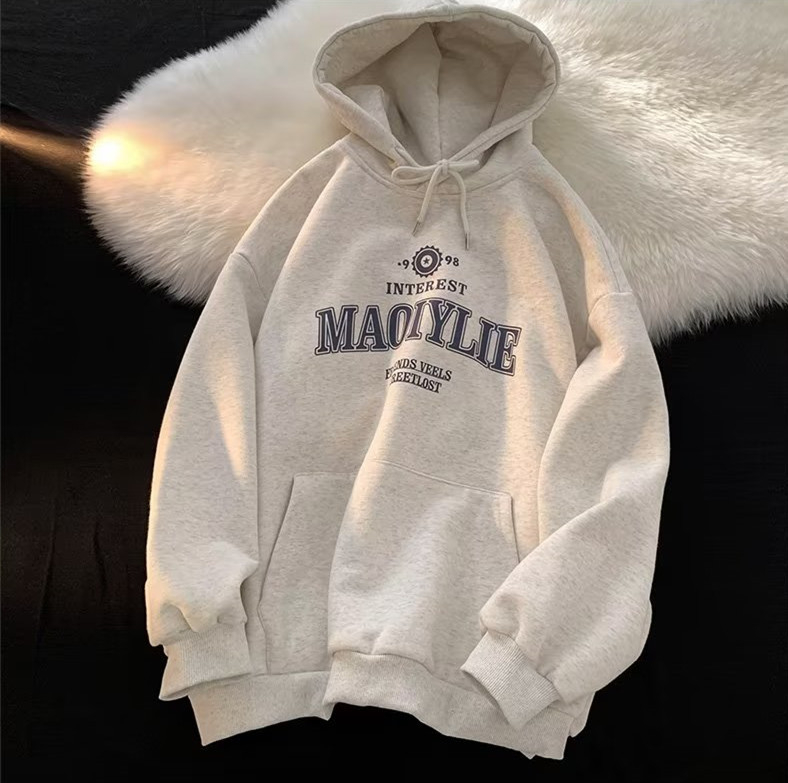 Korejiško stiliaus megztinis su gobtuvu, Raglan rankovėmis, laisvas kirpimas, raidžių spauda, kengūros kišenė