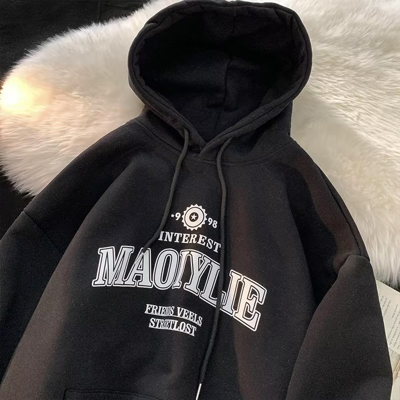 Korejiško stiliaus megztinis su gobtuvu, Raglan rankovėmis, laisvas kirpimas, raidžių spauda, kengūros kišenė