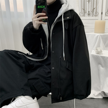 Muški vuneni kaput s kapuljom, labav kroj, stojeći ovratnik, zatvarač, bočne džepove