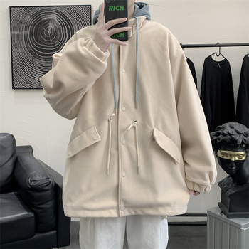 Muški vuneni kaput s kapuljom, labav kroj, stojeći ovratnik, zatvarač, bočne džepove