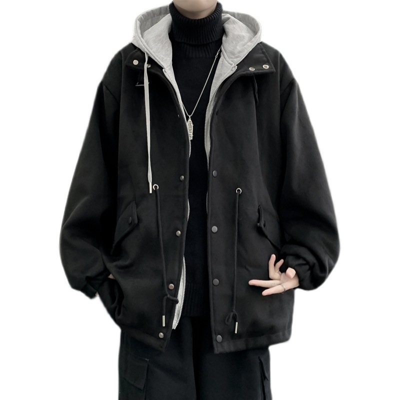 Muški vuneni kaput s kapuljom, labav kroj, stojeći ovratnik, zatvarač, bočne džepove