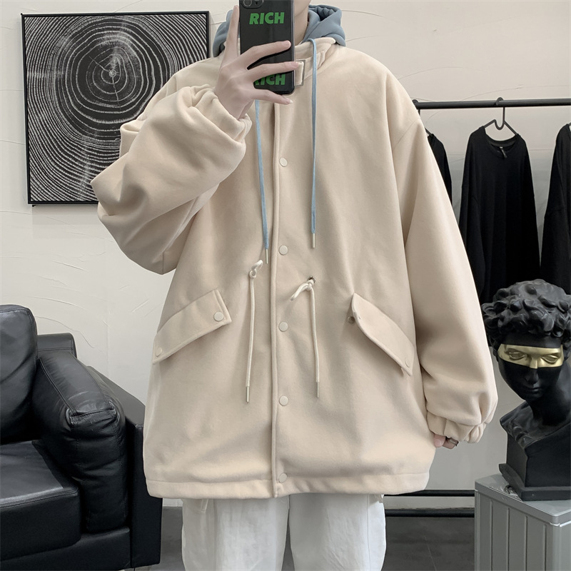 Muški vuneni kaput s kapuljom, labav kroj, stojeći ovratnik, zatvarač, bočne džepove