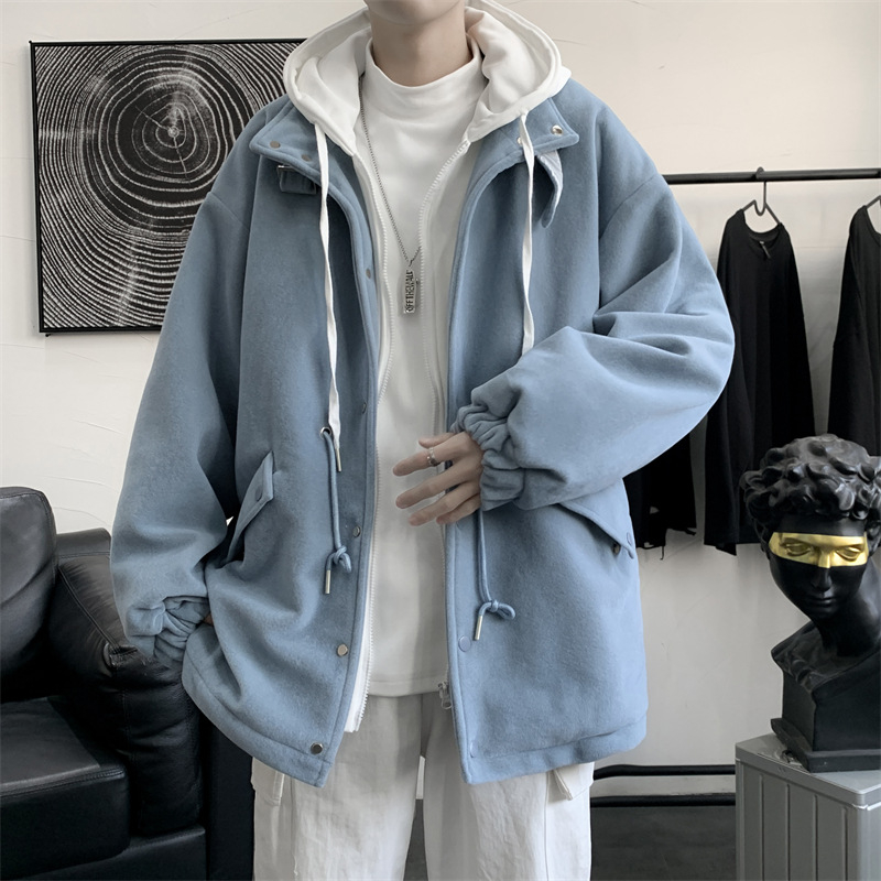 Muški vuneni kaput s kapuljom, labav kroj, stojeći ovratnik, zatvarač, bočne džepove