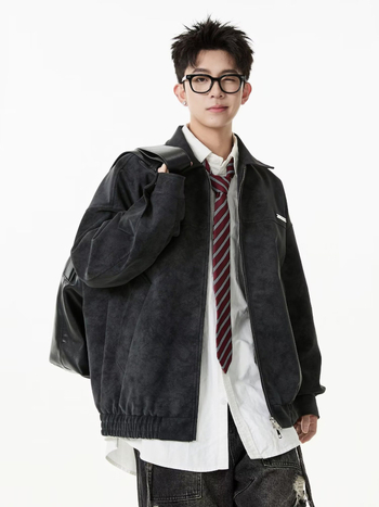 Kožna jakna sa stojećim ovratnikom, široka kroj, bez kapulje, detalj na zipu, bočni džepovi – za proljeće i jesen