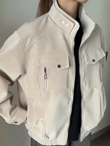 Muška PU kožna jakna u Vintage stilu, stojeći ovratnik i prednji zatvarač