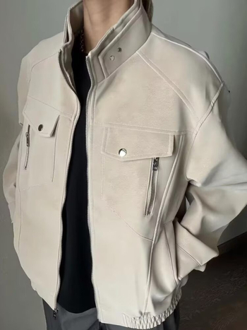 Muška PU kožna jakna u Vintage stilu, stojeći ovratnik i prednji zatvarač