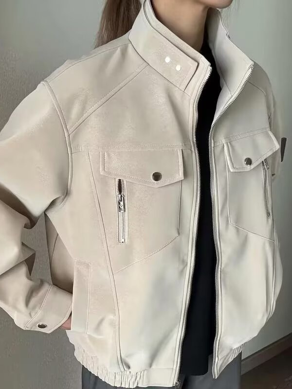 Muška PU kožna jakna u Vintage stilu, stojeći ovratnik i prednji zatvarač