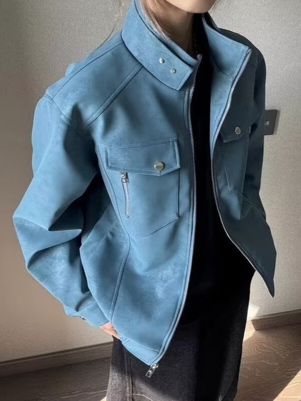 Muška PU kožna jakna u Vintage stilu, stojeći ovratnik i prednji zatvarač