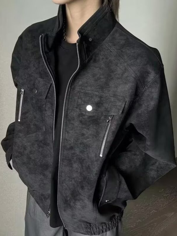 Muška PU kožna jakna u Vintage stilu, stojeći ovratnik i prednji zatvarač