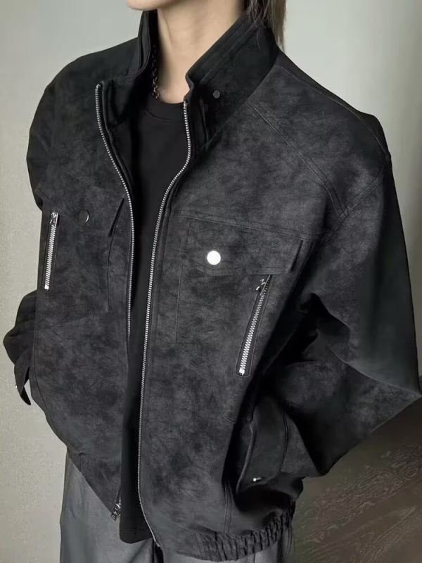 Muška PU kožna jakna u Vintage stilu, stojeći ovratnik i prednji zatvarač