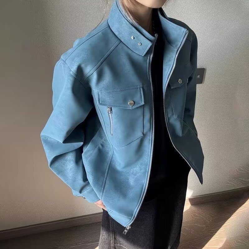 Muška PU kožna jakna u Vintage stilu, stojeći ovratnik i prednji zatvarač