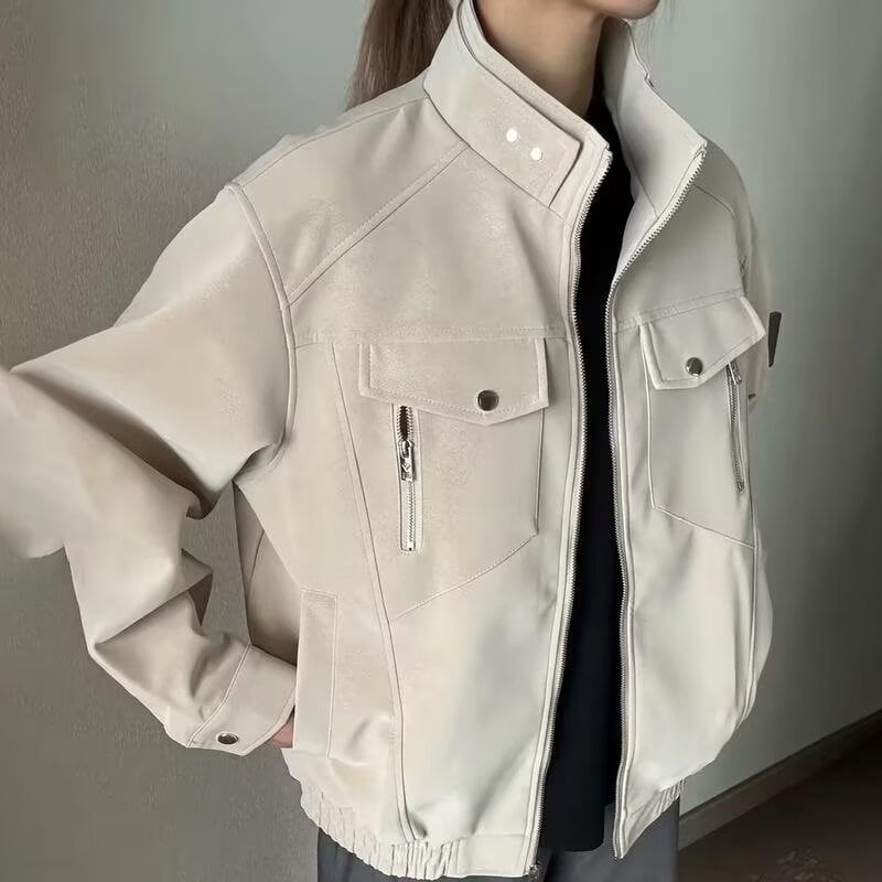 Muška PU kožna jakna u Vintage stilu, stojeći ovratnik i prednji zatvarač