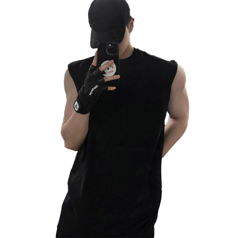 Meeste bezvarrukas puuvillane vest, ümmarguse kaelusega, vaba lõige, suvine igapäevane sportlik top