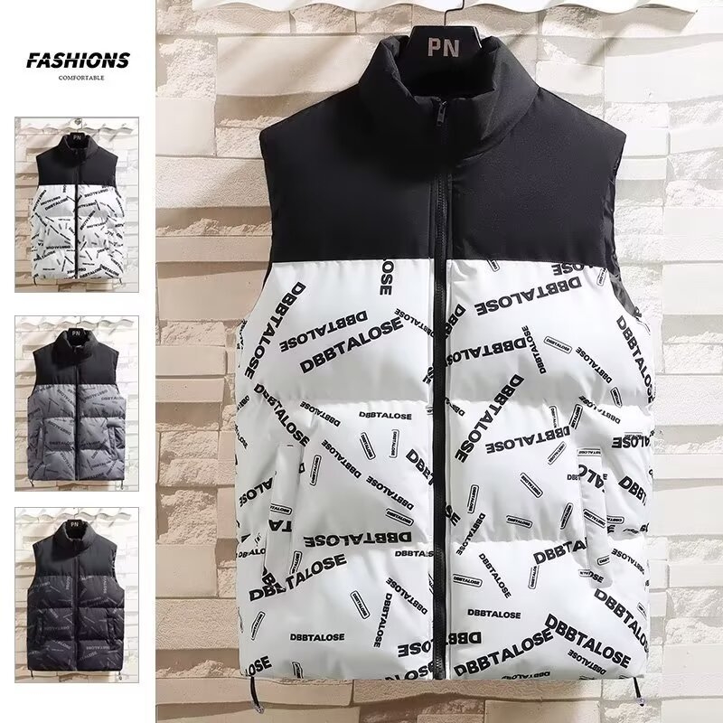 Muška reverzibilna pamučna vesta - bez rukava, stojeći ovratnik, zip, širok kroj