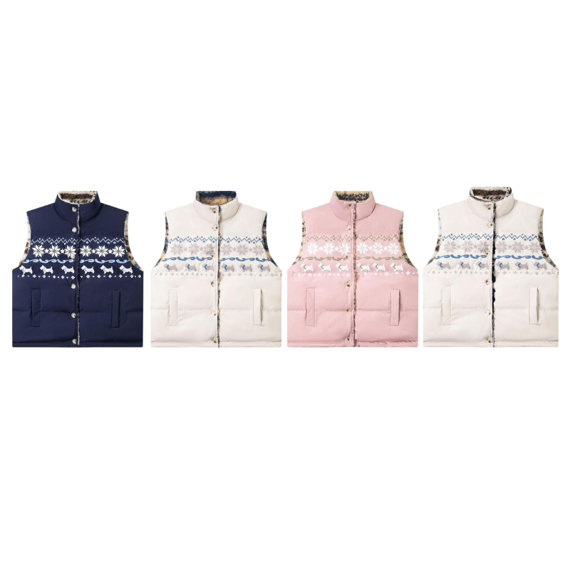 Unisex dvostrano nošiva vesta s uzorkom Fair Isle, američki retro stil, debela zimska pamučna vest