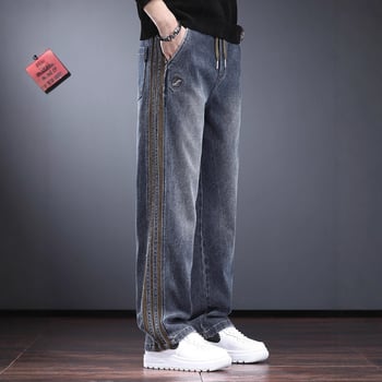 Muške traperice teške tkanine, jesen-zima, streetwear, opuštenog ravnog kroja s prugastim rubom