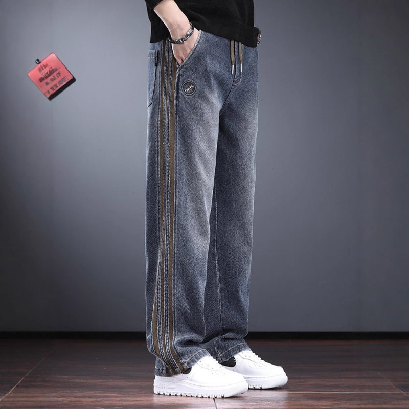 Muške traperice teške tkanine, jesen-zima, streetwear, opuštenog ravnog kroja s prugastim rubom