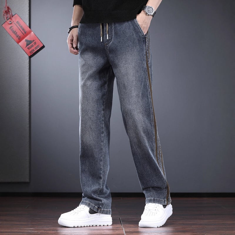 Muške traperice teške tkanine, jesen-zima, streetwear, opuštenog ravnog kroja s prugastim rubom