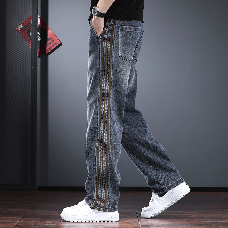 Muške traperice teške tkanine, jesen-zima, streetwear, opuštenog ravnog kroja s prugastim rubom